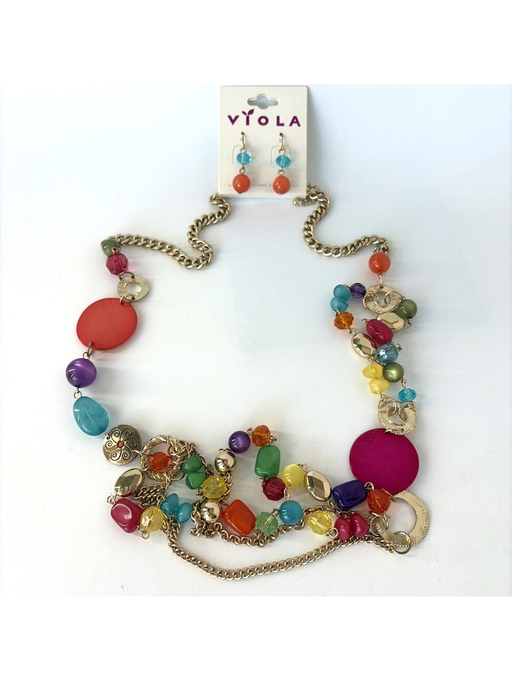 Viola Boho Multicolor Long Beaded Statement Necklace Earrings Set Gold Tone